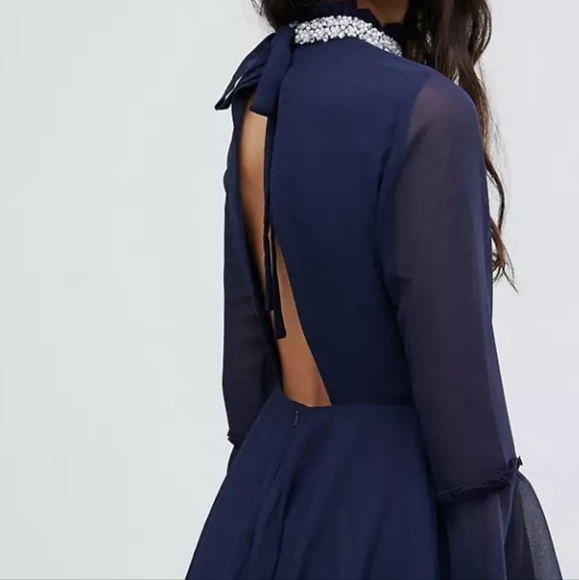 ASOS Tall Embellished Frill Neck Fluted Sleeve Mini Dress - Picture 5 of 15